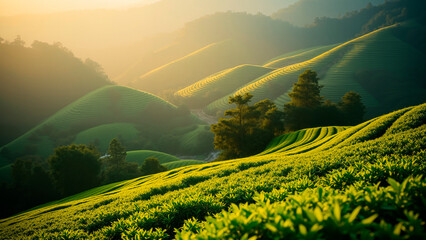 Emerald Tea Terraces Cascade Under Golden Light, Serene Plantation Vista