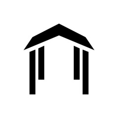 Black and white minimalist illustration of a building facade with three pillars and a roof structure
