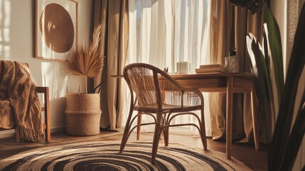 Cozy Modern Boho Home Office with Rattan Decor and Indoor Plants