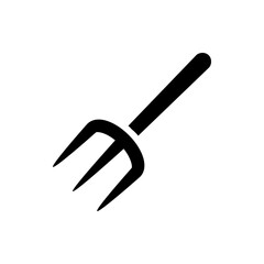 Illustration of a three pronged pitchfork with a long handle in black and white simple vector art
