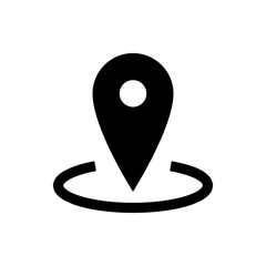 Black location pin with a white circle inside and a curved line at the bottom indicating the area around it