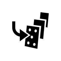 Black arrow pointing to domino with white dots followed by stacked dominoes in a sequence, black and white