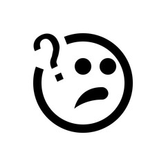 Confused emoticon with question mark above head and worried expression in black and white simple design