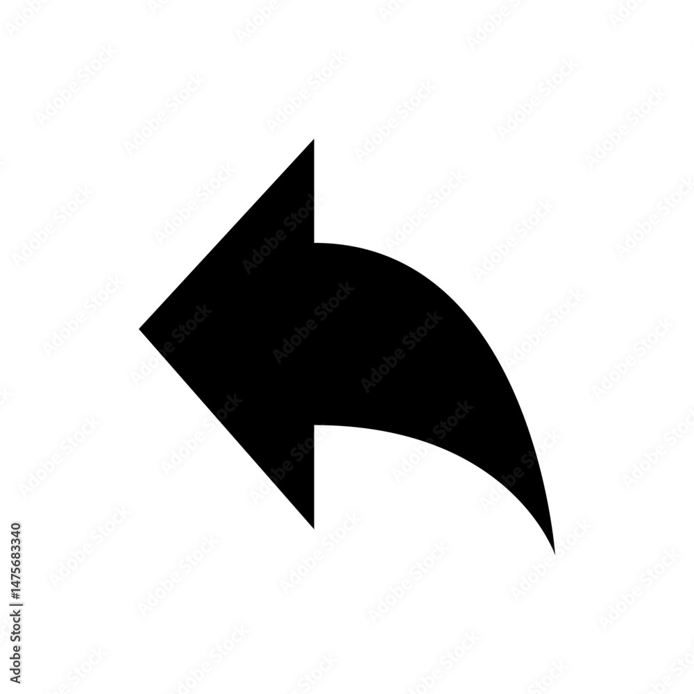 Poster black arrow pointing left with a curved tail on a white background indicating a return action or und
