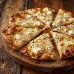 Delicious cheesy pizza slices on wooden platter