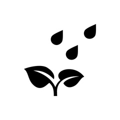 Silhouette of a small plant with two leaves being watered by three raindrops from above in black and white