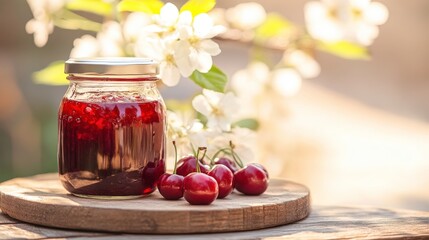 Beautiful jar of homemade cherry jam placed on a rustic wooden table surrounded by fresh cherries and blooming flowers in soft sunlight