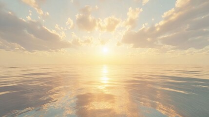 Fototapeta premium Golden hour sky with clouds and sunlight reflecting on the calm water surface creating a serene scene