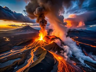 Fototapeta premium Aerial Drone Shot: Volcanic Eruption Lava Flowing Down Mountain Slopes at Night