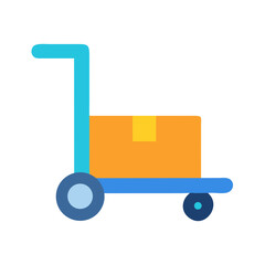 Blue hand truck carrying box, isolated on black