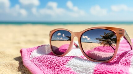 Stylish sunglasses sitting on a pink beach towel with reflections of palm trees and a serene ocean under a bright blue sky on a sunny day