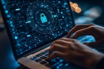 Cybersecurity: A close-up of hands typing on a laptop with a digital lock icon overlay, symbolizing data protection