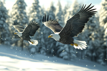 Two majestic eagles soaring through a snowy forest landscape, capturing the beauty of nature