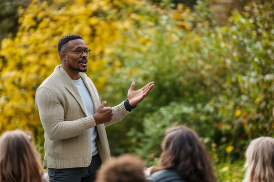diverse motivational speaker delivering an outdoor motivation talk lecture to a diverse group of people at business networking event, with nature in the background