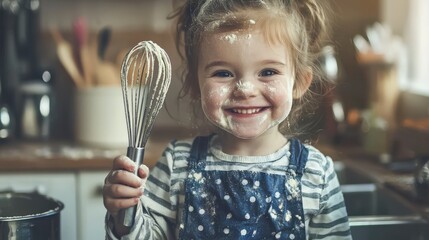 Joyful Child in Kitchen Smiling While Holding a Whisk with Flour