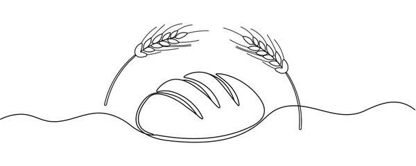 One continuous line drawing of bread. Simple black line sketch, bakery and cafe concept good for logo. Vector illustration. Editable stroke