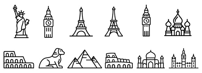 Icons set of top tourist attractions, historical buildings, towers, monuments, statues, sculptures and modern architecture