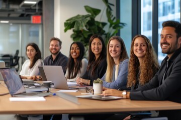 Obraz premium business team working together in office, smiling. elaborating long term marketing strategy 