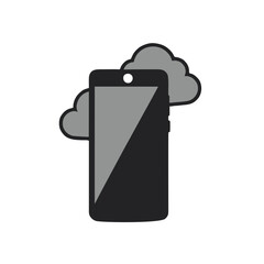Greyscale vector icon of smartphone connected to two cloud symbols, representing mobile cloud computing, multi cloud services, data sync, or storage