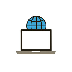 Laptop computer with a stylized blue globe icon on its screen, vector symbol for internet, global connection, worldwide web, or international business