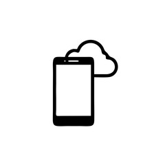 Smartphone connected to a cloud icon, simple black vector symbol for mobile cloud computing, data storage, online backup, and wireless sync services