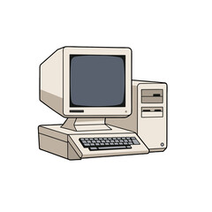 Vintage desktop computer system with CRT monitor, separate tower unit, and keyboard, vector illustration representing retro 80s or 90s PC technology