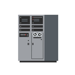 Vector illustration of a vintage mainframe computer or retro server cabinet with reel-to-reel tape drive, representing historical computing and data storage