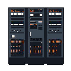 Detailed vector illustration of server racks in a data center, showcasing IT infrastructure, network equipment, and hardware with blinking LED lights