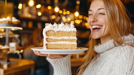 Joyful Woman Enjoying Guilt-Free Cake Slice with Delightful Smile