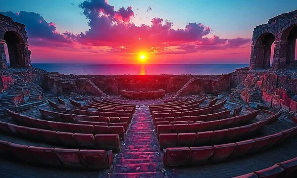 Vibrant sunset over an ancient amphitheater by the sea, showcasing nature's beauty and history