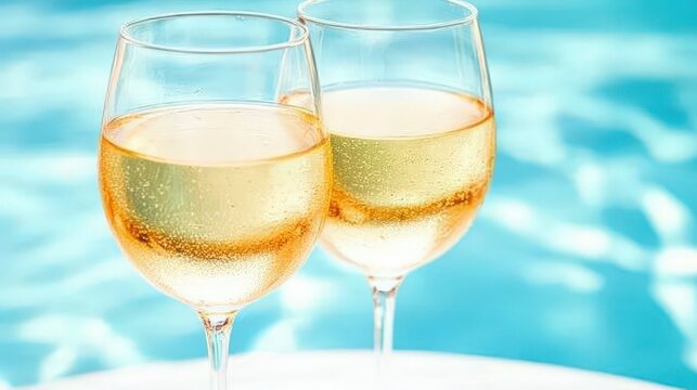 Refreshing White Wine Glasses by the Poolside, Perfect for Summer Gatherings and Relaxation with Friends and Family in a Bright Atmosphere - Powered by Adobe