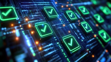 Close-up view of glowing green digital check marks embedded on a futuristic blue circuit board representing verification and technology