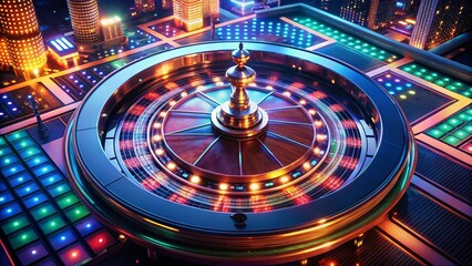 Naklejka premium Aerial View of Casino with Rotating Roulette Wheel Animation