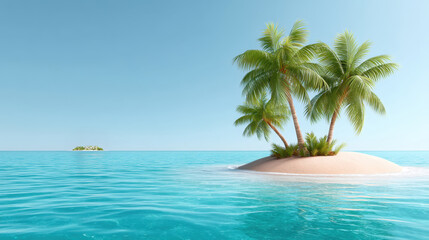 Tropical island with palm trees surrounded by blue ocean water under clear sky evokes summer vacation cruise vibes