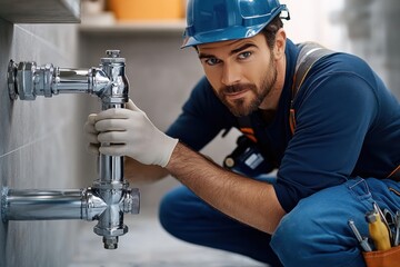 Focused plumber wearing blue protective helmet and gloves fixing shiny metal pipes under a sink indoors