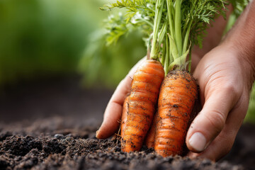 Freshly harvested carrots held by hands in soil showing seasonal vegetable gardening tips for healthy growth