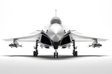 Fototapeta premium Frontal shot of a fighter jet with missiles on a white background in a studio setting