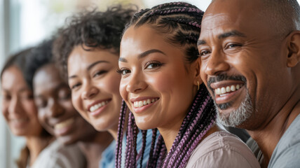 Diverse individuals smiling warmly, radiating joy and connection in a close-up portrait.
