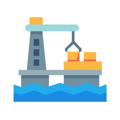 Minimalist Oil Rig Illustration on Water with Crane