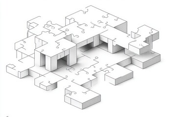 Three-dimensional structure made of interlocking puzzle pieces creating a complex, abstract geometric form with multiple levels and shadows