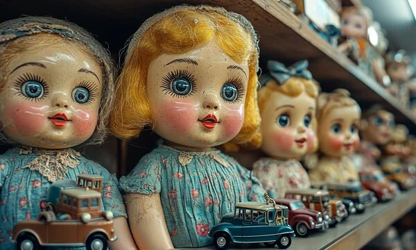 Vintage dolls with charming features displayed on wooden shelves in a nostalgic toy store