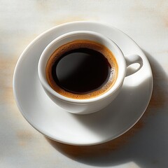 Top down view of a freshly brewed black coffee in a white ceramic cup on a matching white saucer casting a gentle shadow on a light textured surface