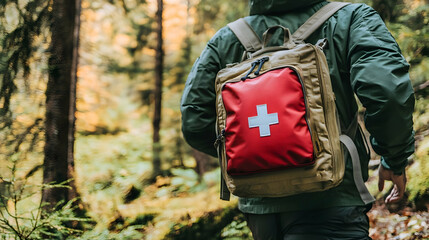 Hiker carries first aid kit in autumn forest