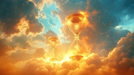 Fototapeta premium Two hourglasses floating amidst golden clouds against a dreamy sky landscape illustration art