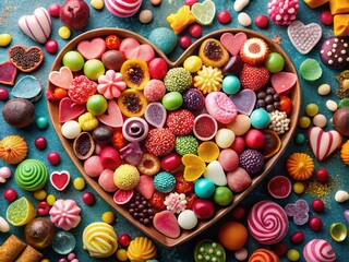 Fototapeta premium Aerial View Valentine's Day Candy Heart Collage, Sweet Treats, Romantic Dessert