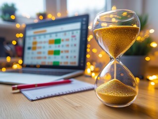 Time Management Concept with Hourglass, Laptop, and Festive Background Highlights on Productivity, Planning, and Modern Work Environment