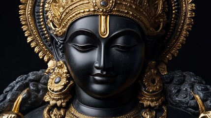 Obraz premium Close up of a dark stone statue of a deity with golden crown and ornate jewelry against black background