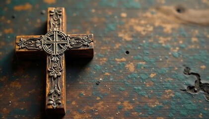 Close-up of a simple wooden cross, rustic texture visible , holy symbol, serenity