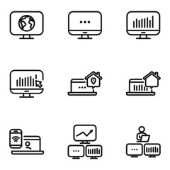 Remote Work Line Icons . Freelancer Work from Home, Video Call, Online Meeting, Teleconference Vector Set