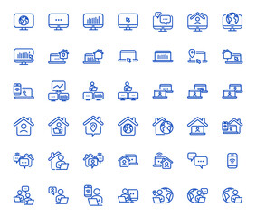 Remote Work Line Icons . Freelancer Work from Home, Video Call, Online Meeting, Teleconference Vector Set